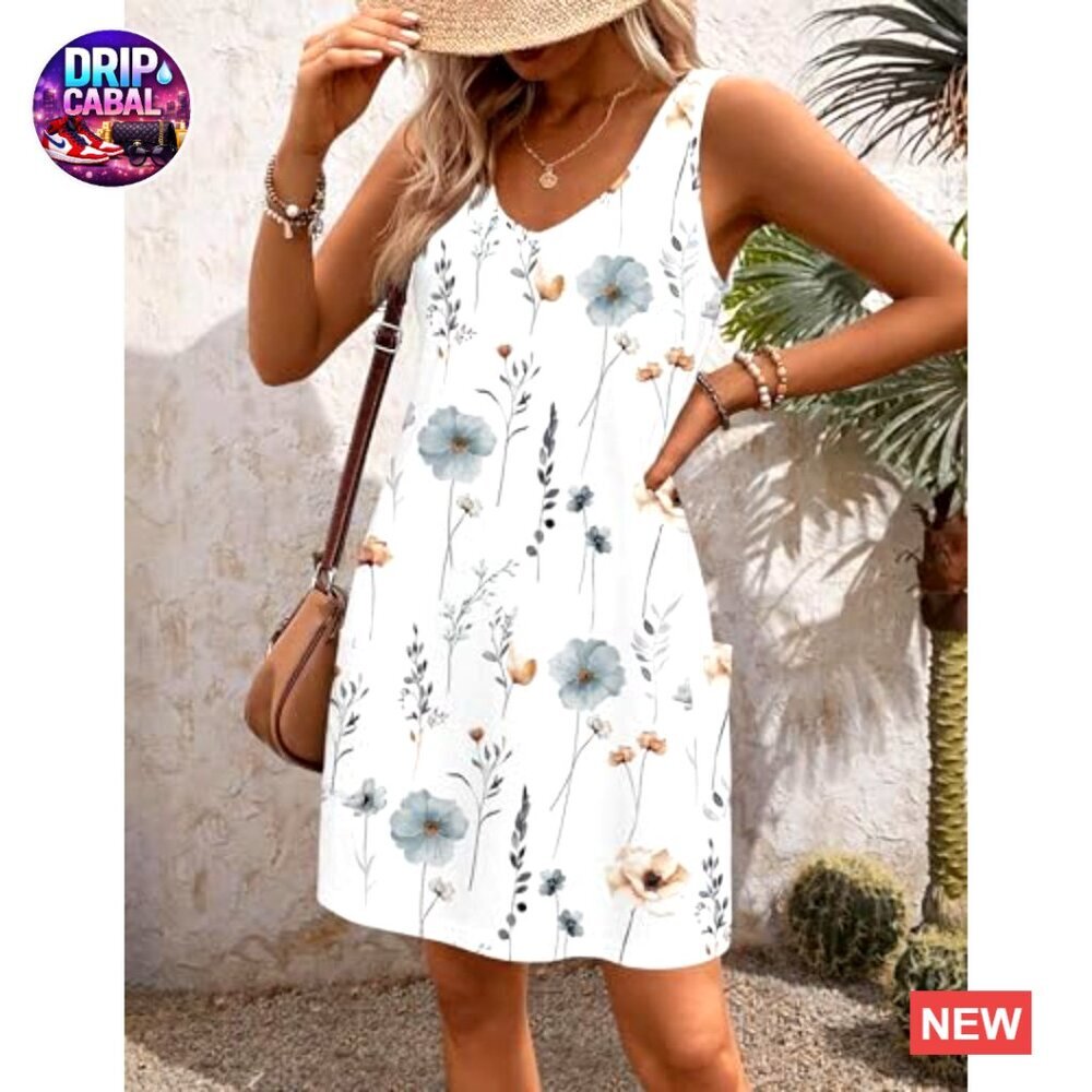 Polyester Spandex Casual Sundress with Pockets V-Neck Swing Dress - Picture 3 of 7